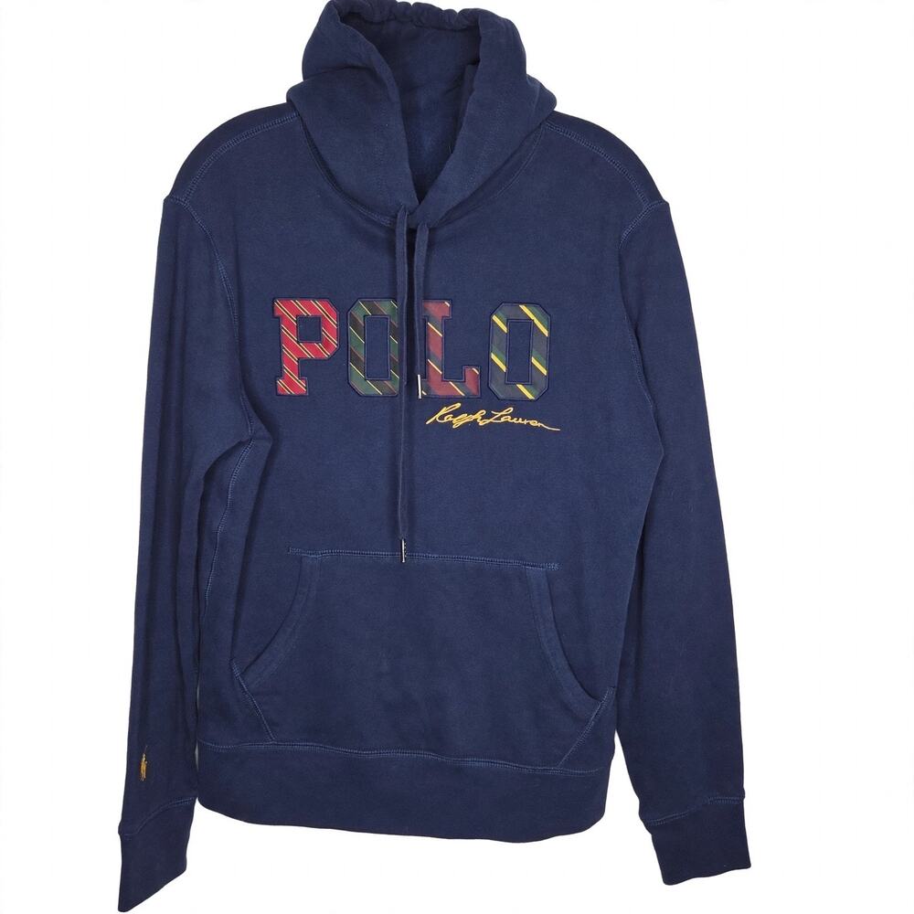 Polo Ralph Lauren Hoodie Mens M Navy POLO Spellout Stripe Fleece